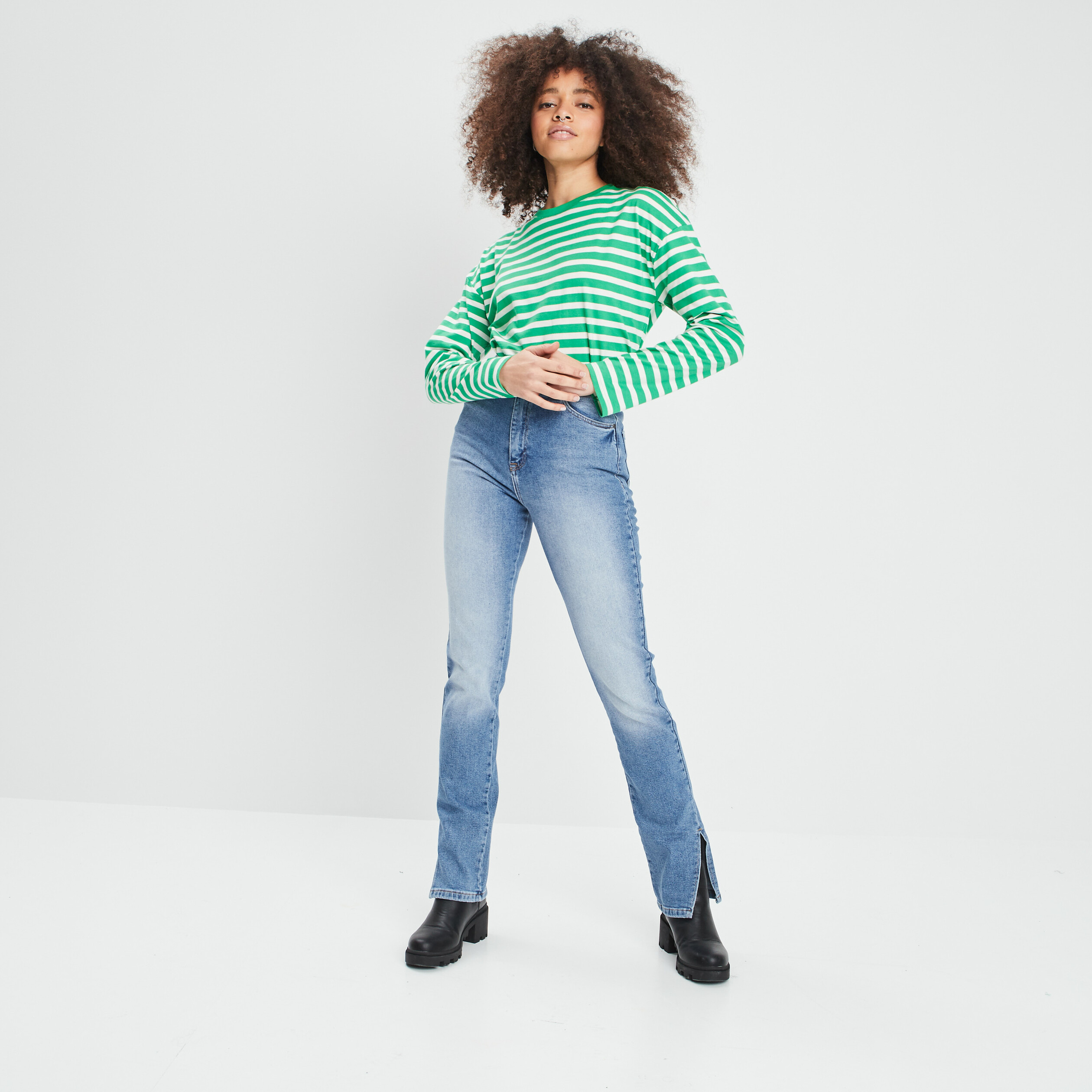 Jeans slim taille haute fendu denim double stone femme | La Halle