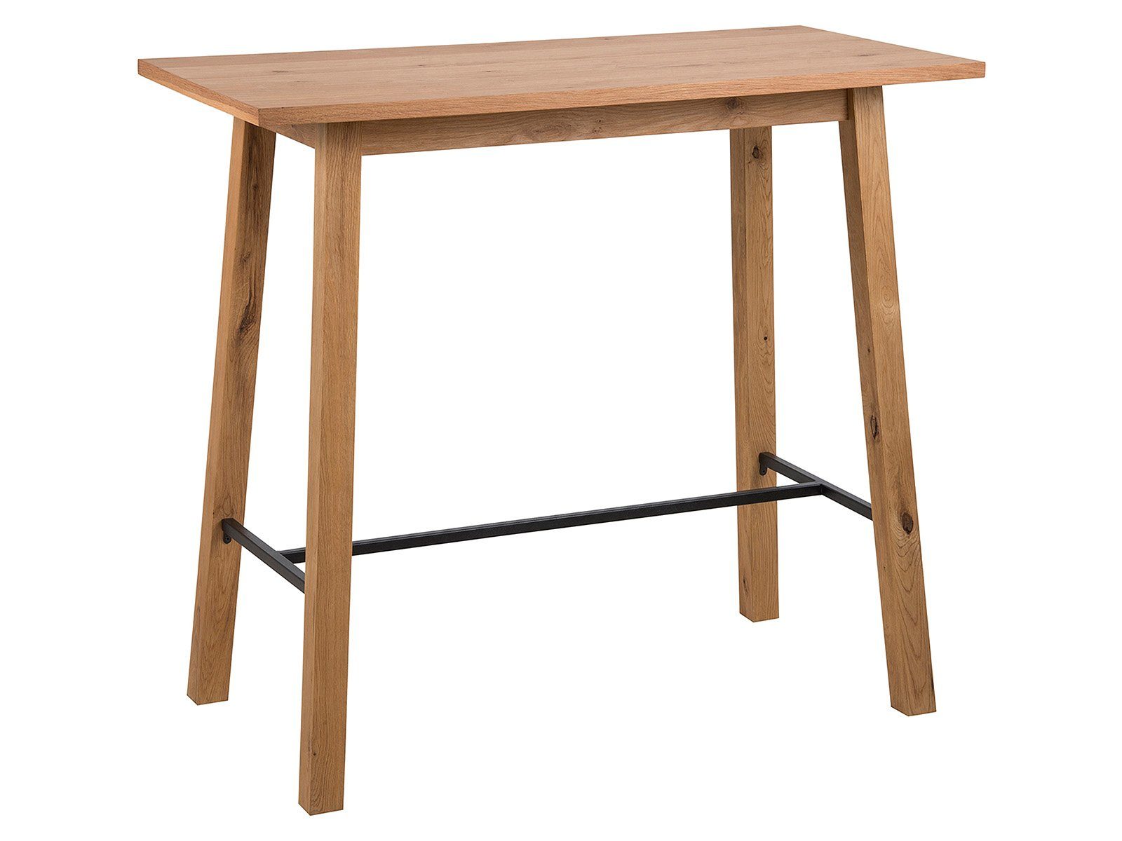 möbelando Bartisch Chalisa, Moderner Bartisch, Platte aus Teilmassivholz, Gestell aus Spanplatte, beides in Furnier Wildeiche, Querstrebe aus Metall in schwarz. Breite 117 cm, Höhe 105 cm, Tiefe 58 cm