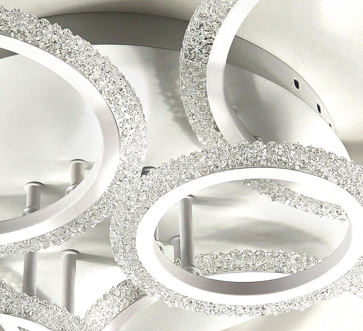Lewima LED Deckenleuchte XL-XXL groß glitzernd funkelnd Deckenlampe 11-45W, Dimmbar per Fernbedienung, Einstellungen werden gespeichert, Farbwechsel Warmweiß / Kaltweiß / Neutralweiß einstellbar, 6 Ringe Weiß, 86x58cm