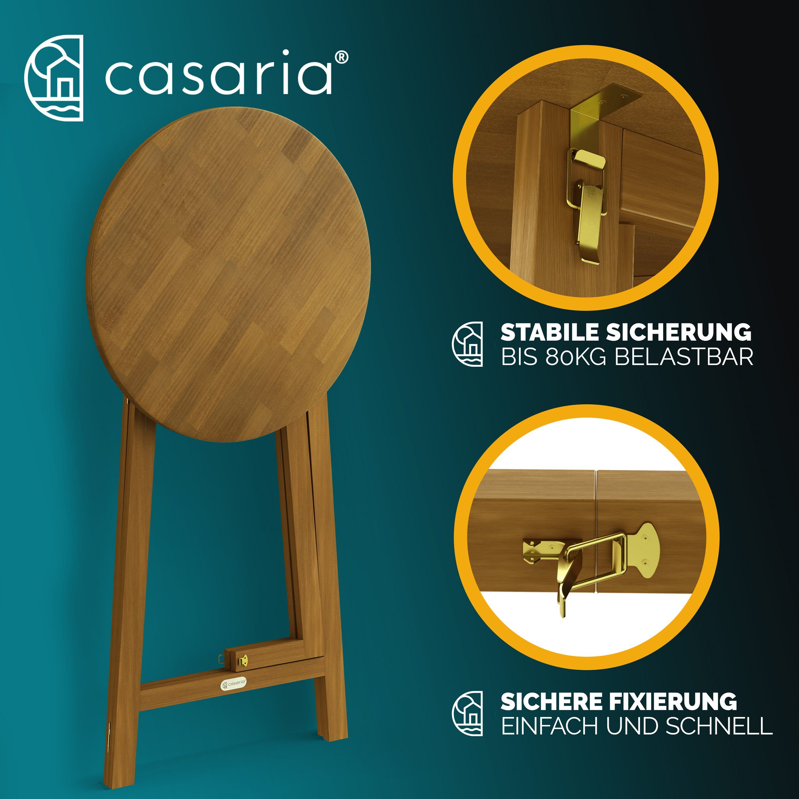 Casaria Stehtisch Akazie (1-St), Holz Klappbar 110cm Hoch Ø78 cm Rund Massiv Rustikal Indoor Outdoor
