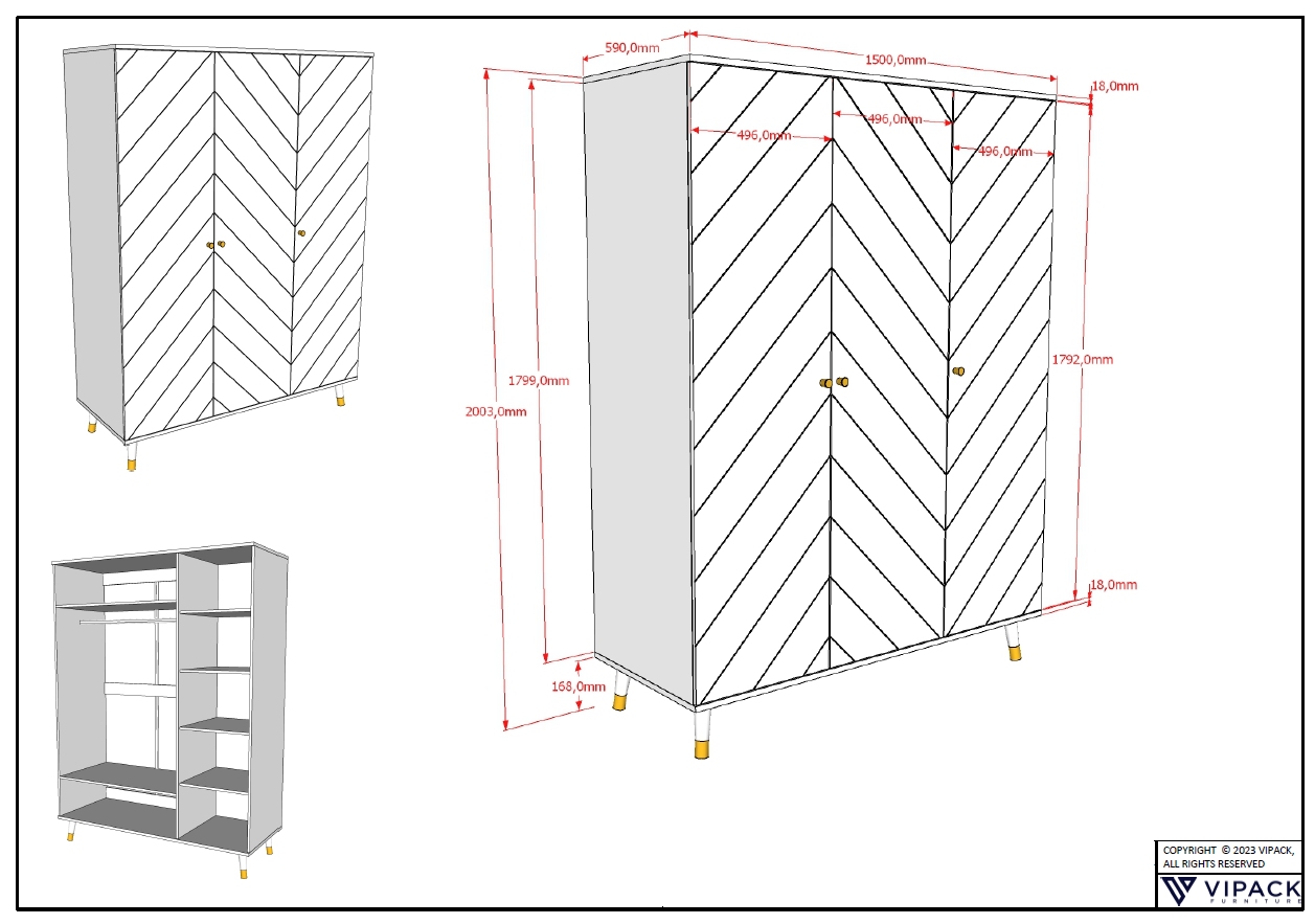 VIPACK BILLY Kleiderschrank mit 3 Türen, MDF Satin weiß lackiert