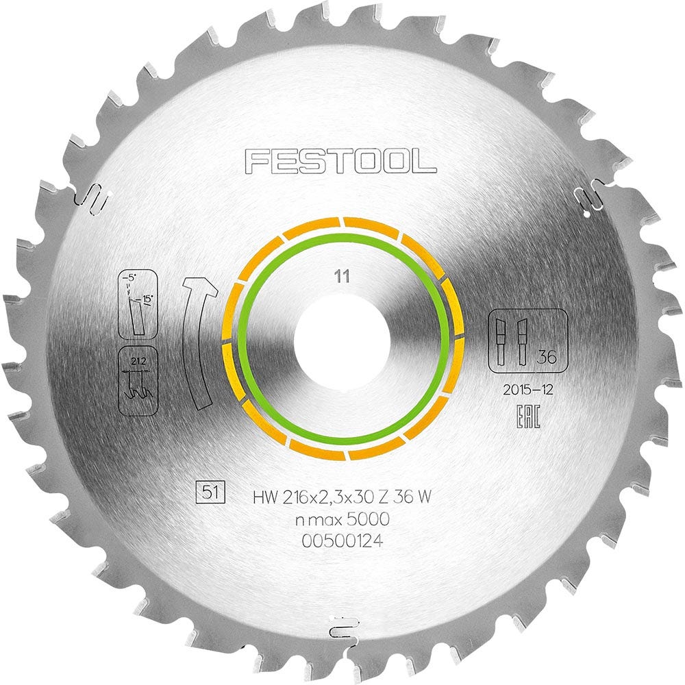 Lâmina de serra FESTOOL de 216 mm com 36 dentes TCT para corte de madeira