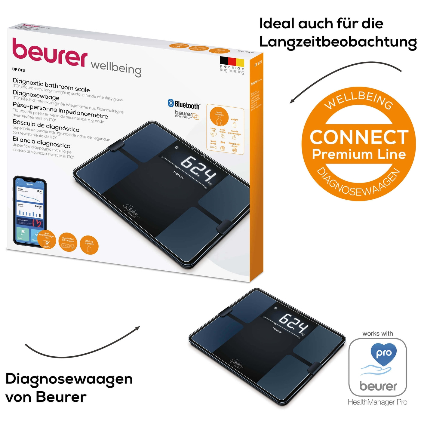 Beurer Diagnosewaage BF 915 Signature Line-Körperfettwaage mit einfacher Bedienung, App-Anbindung & XXL-Format - bis 200 kg