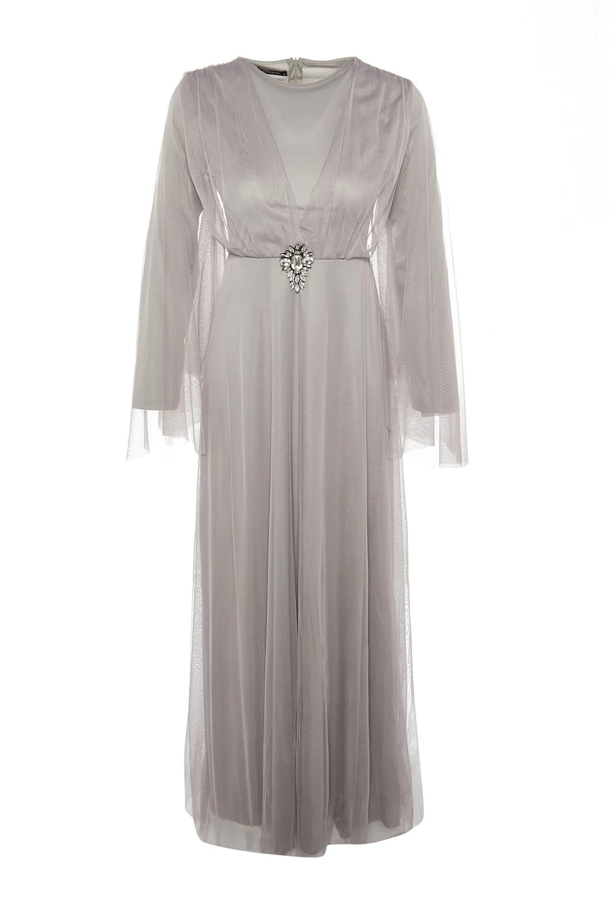 Trendyol Modest  Graues Tüllcape und abnehmbare, mit Schmucksteinen verzierte Brosche am Abendkleid TCTSS22DB00014