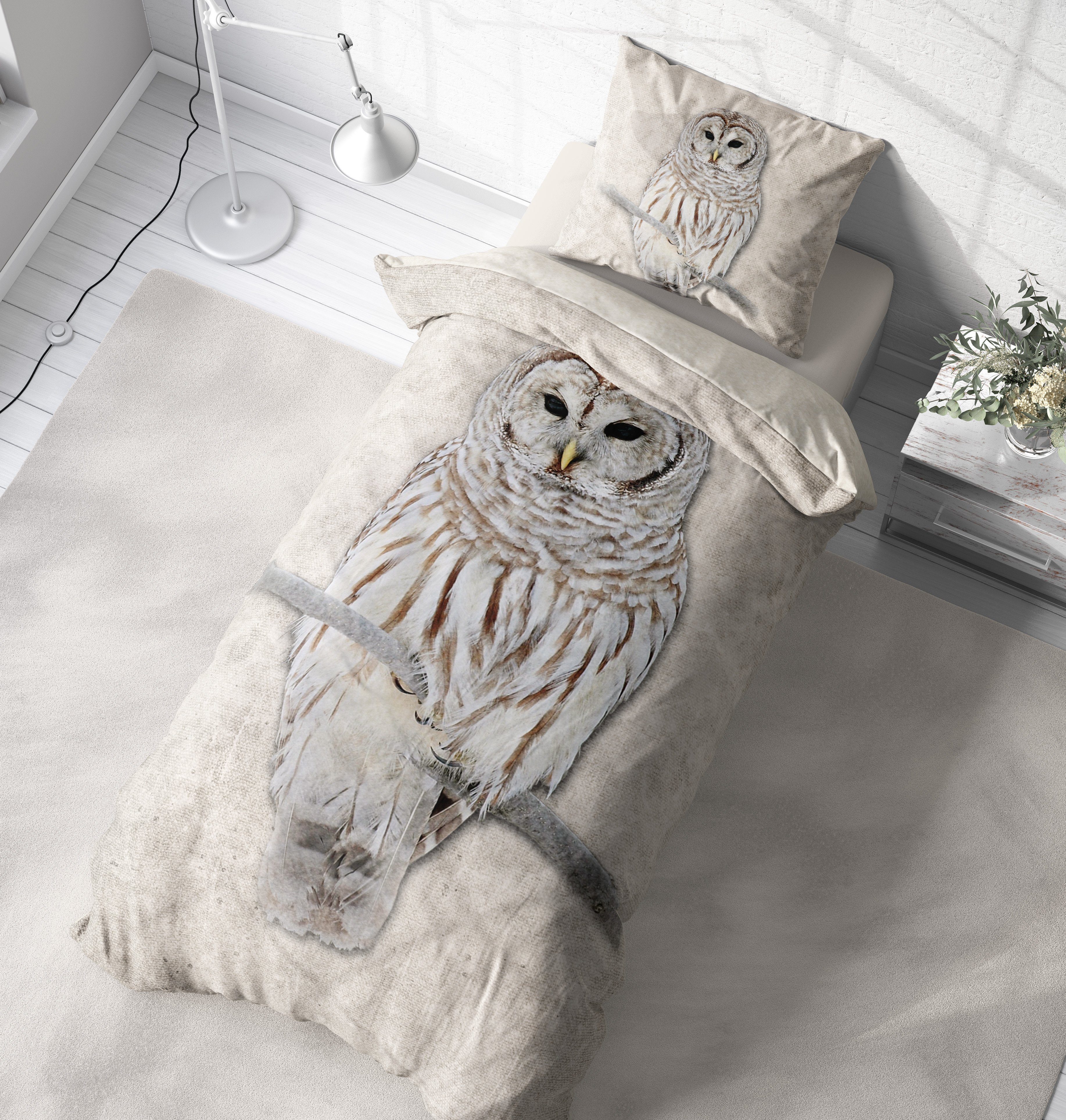 Bettwäsche Dolia, One Home, Fleece, 2 teilig, Eule Natur, kuschelig flauschig warm weich Winter