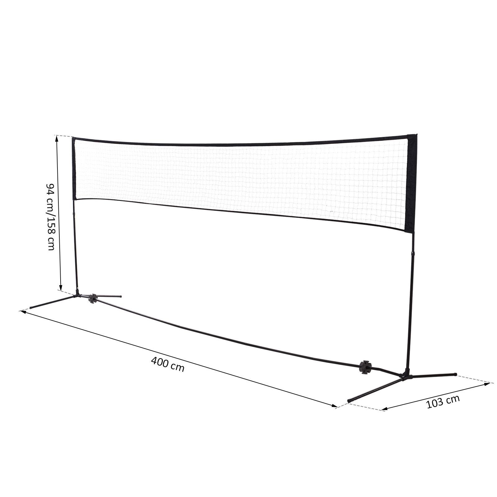 HOMCOM Badmintonnetz Set Höhenverstellbar Volleyballnetz, Metall Polyester Schwarz (Set, 1-St., faltbares Tennisnetz mit Badmintonschläger 94,158H cm), W400 x D103 cm
