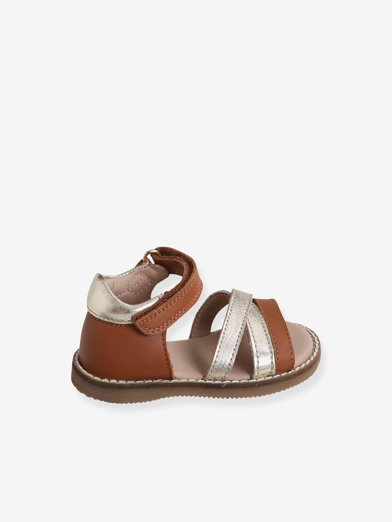 Sandales scratchées en cuir bébé cognac