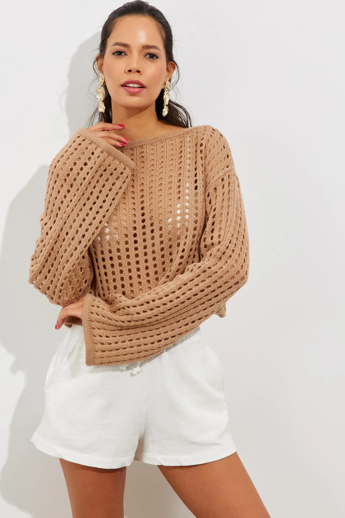 Cool & Sexy  Damen-Kurzbluse aus durchbrochenem Strick mit spanischen Ärmeln in Kamelblau, SMT181