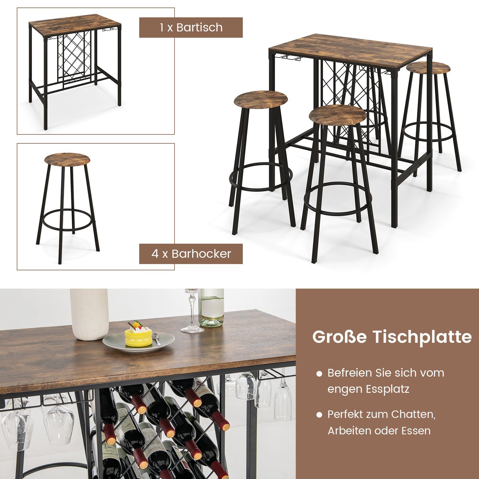 COSTWAY Bartisch, 5-tlg. mit 4 Barhockern, Weinregal und Glashalter