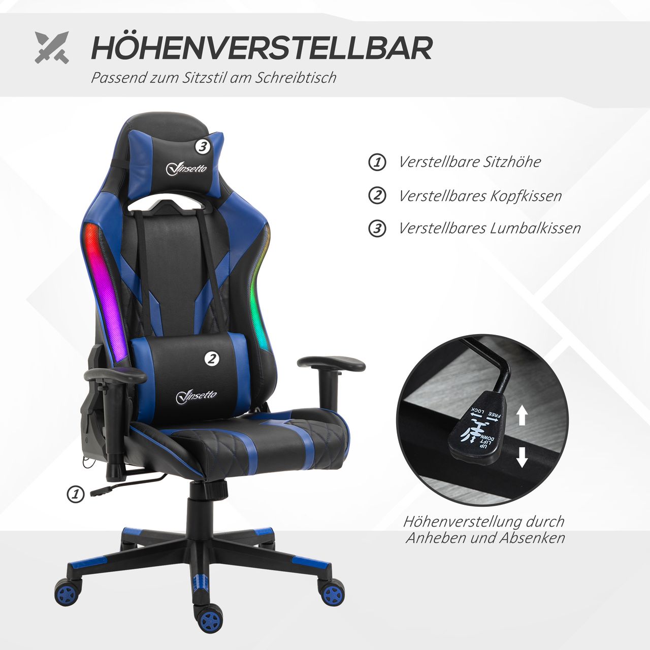 Vinsetto Bürostuhl LED Gaming Stuhl ergonomischer Drehstuhl mit Liegefunktion Handlauf anhebbar Schaumstoff Kunstleder Nylon Schwarz Blau 70 x 57,5 x 126-136 cm