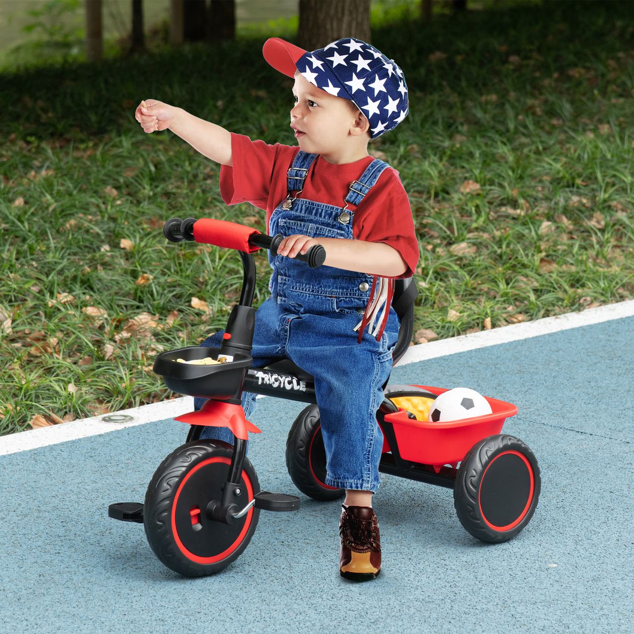 AIYAPLAY Dreirad Kinderfahrrad Kinderdreirad mit Beckengurt 2 Körben Schwarz Rot