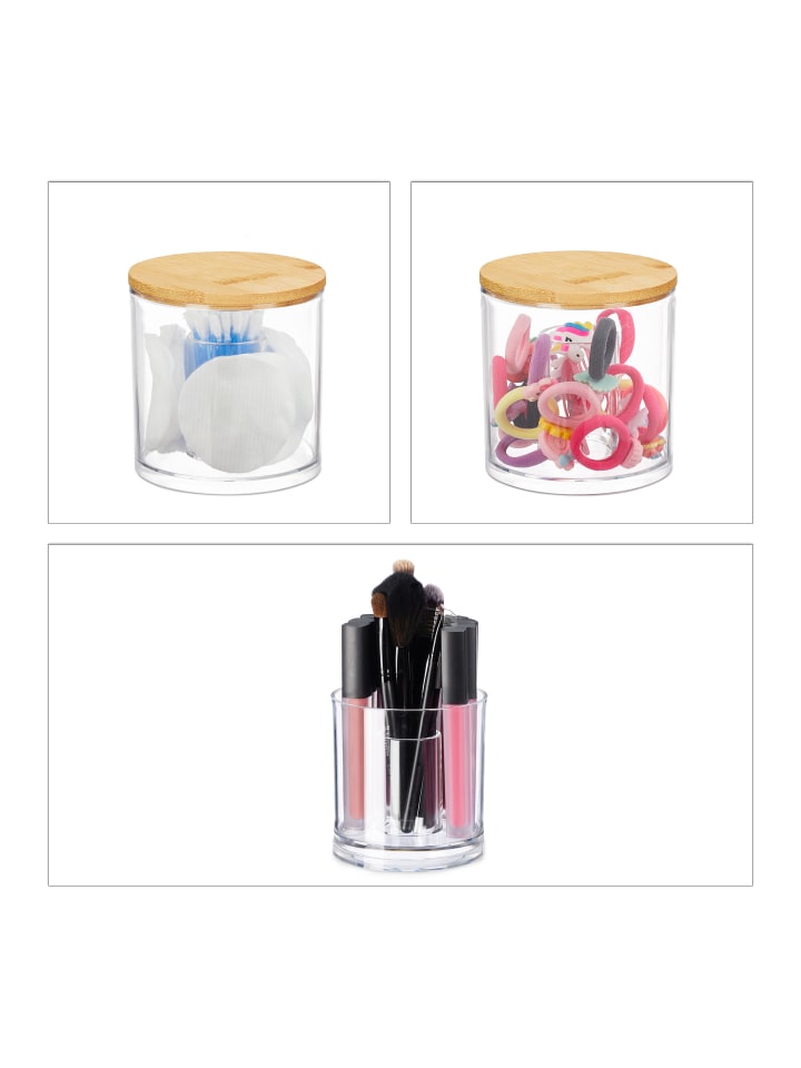 relaxdays 3er-Set: Wattestäbchen Aufbewahrung in Transparent/Natur günstig kaufen onesize