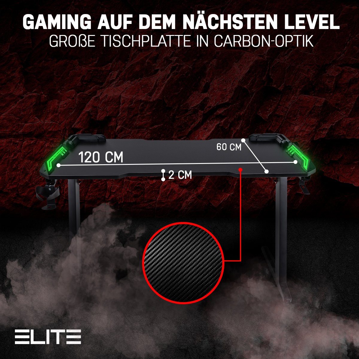 ELITE Gaming Gamingtisch Elite Gamer-Schreibtisch Rocksolid, RGB-LED (Jugendschreibtisch inkl. Getränke-, Headset- und Controller-Spiele-Halterung, 2-St., Schreibtisch, verstellbare Standfüße, Kabelkanal, ergonomisches Design), Gamingtisch inkl. Fern