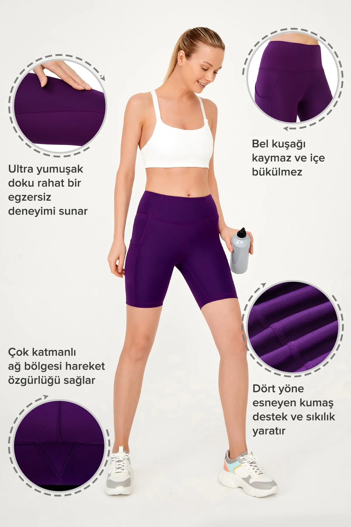 LOS OJOS  Lila Damen-Kompressor-Biker-Shorts mit hoher Taille und doppelter Tasche, kurze Sport-Tights