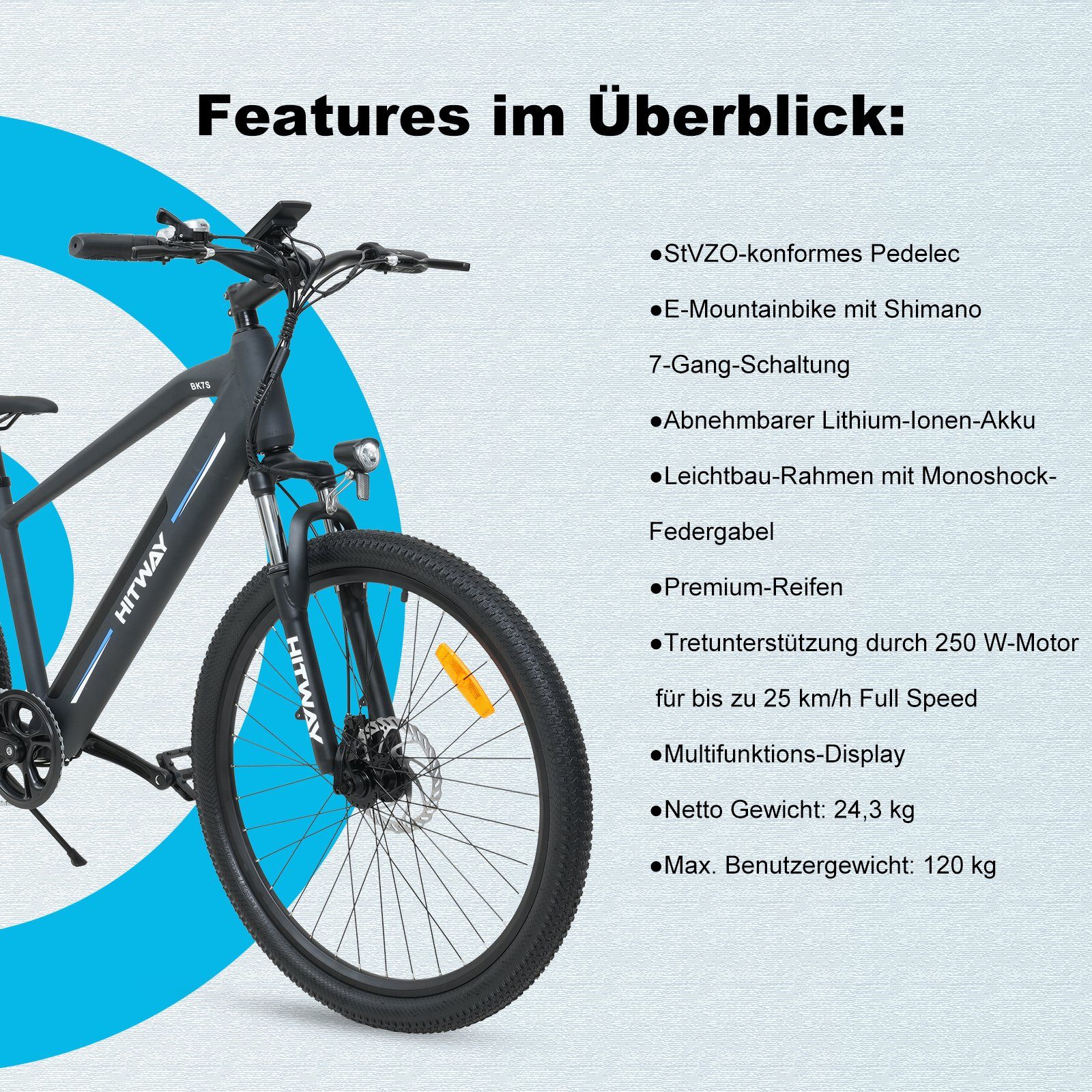 HITWAY E-Bike 26 Zoll BK7S 36V 12Ah E-Fahrrad MTB Shimano, 7 Gang Shimano, Heckmotor, Elektrofahrrad für Damen und Herren 165 - 185 cm, innerhalb der StVZO