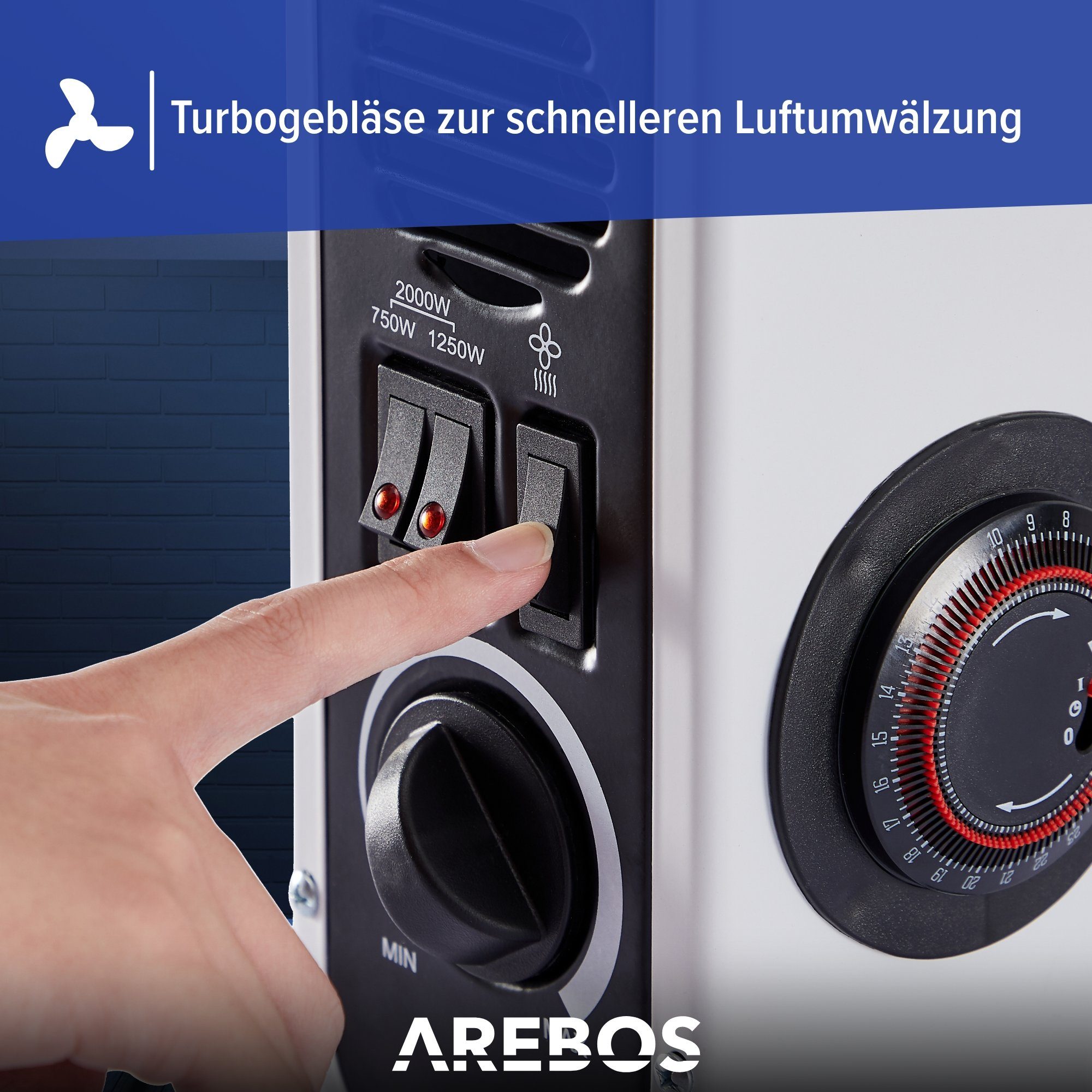 Arebos Konvektor Elektroheizung mit 3 Heizstufen, leise Heizung, schwarz oder weiss