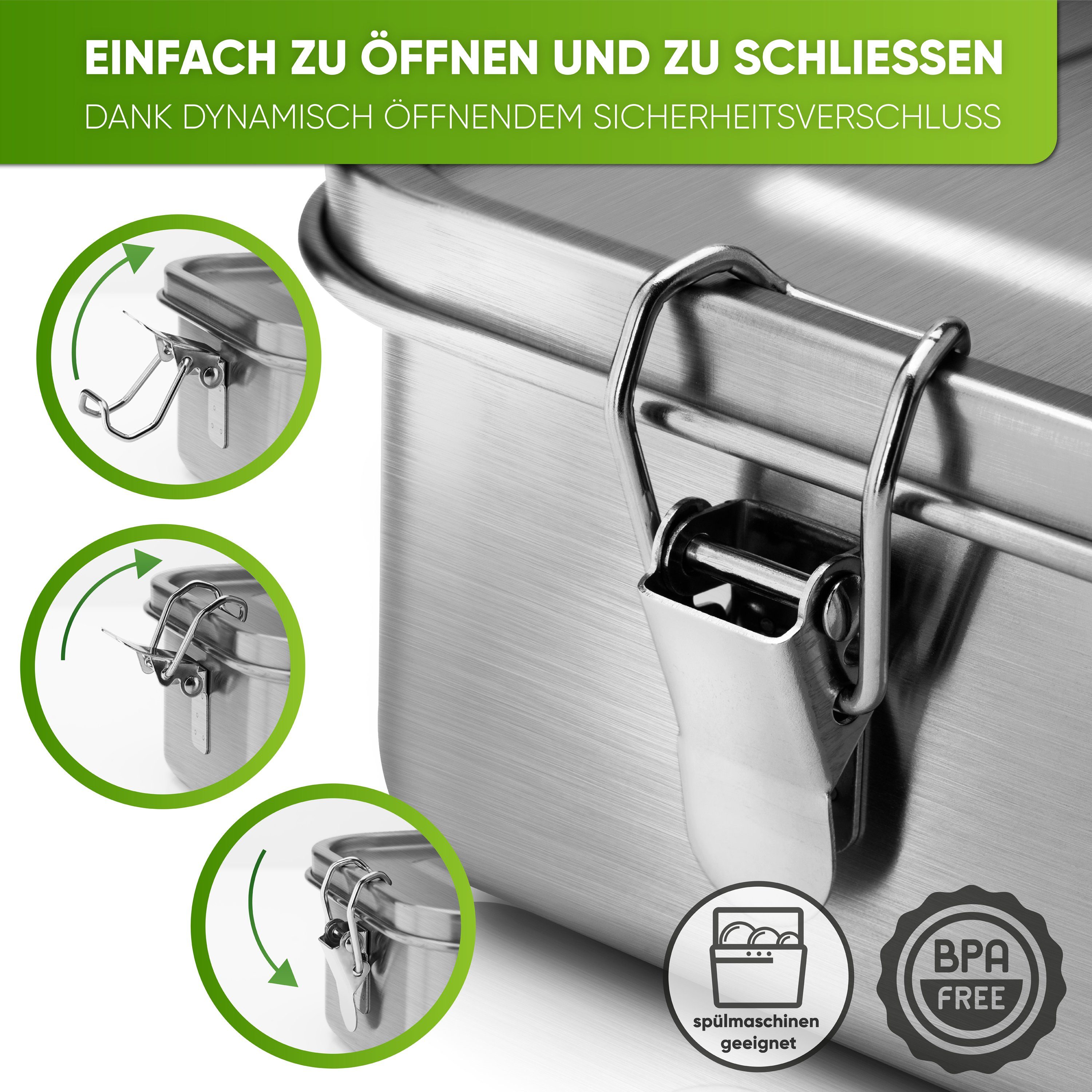 Blockhütte Lunchbox hochwertige Edelstahl Brotdose mit 3 flexiblen Fächern, auslaufsicher, backofenfest, stapelbar, Leben lang wiederverwendbar