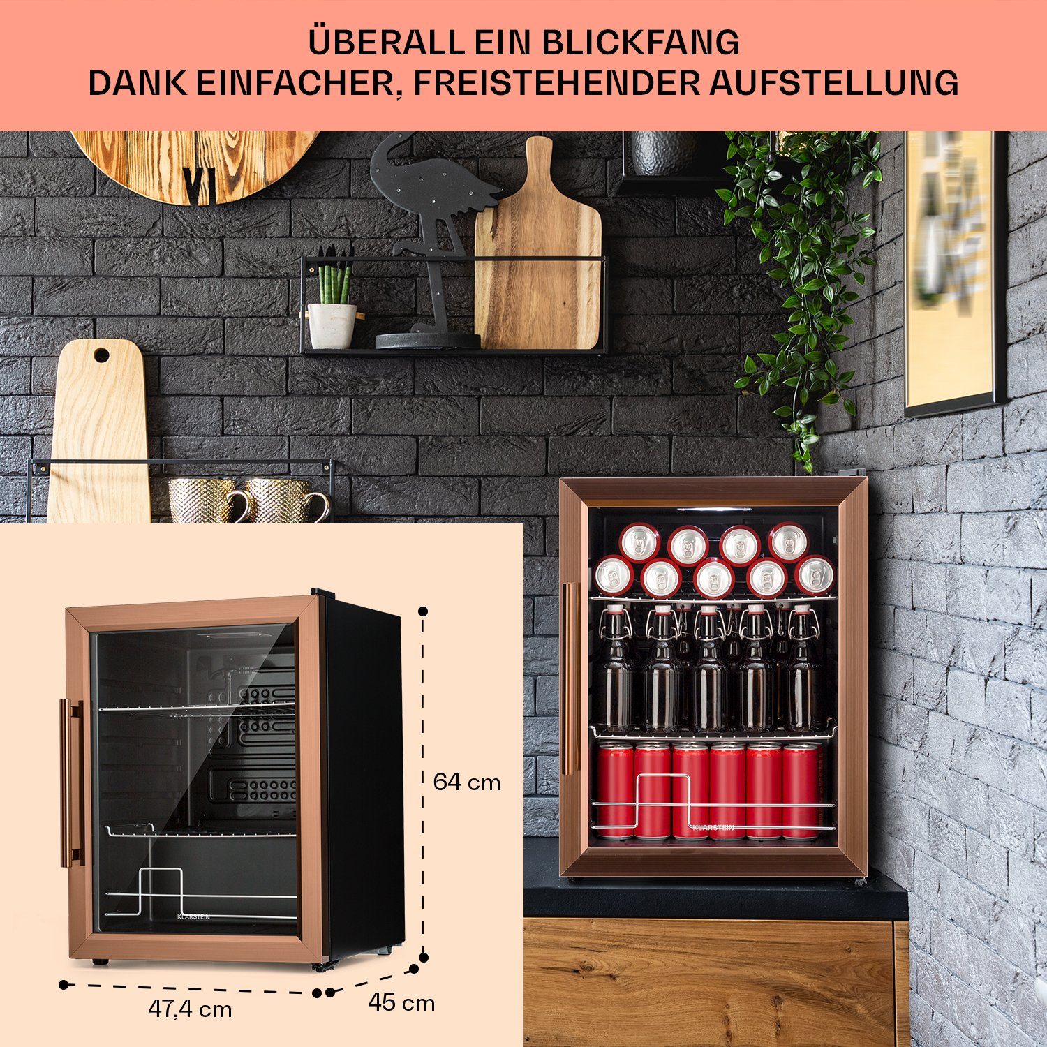 Klarstein Getränkekühlschrank HEA-Beersafe-XL-copp 10041891, 63 cm hoch, 47 cm breit, Bierkühlschrank Getränkekühlschrank Flaschenkühlschrank mit Glastür