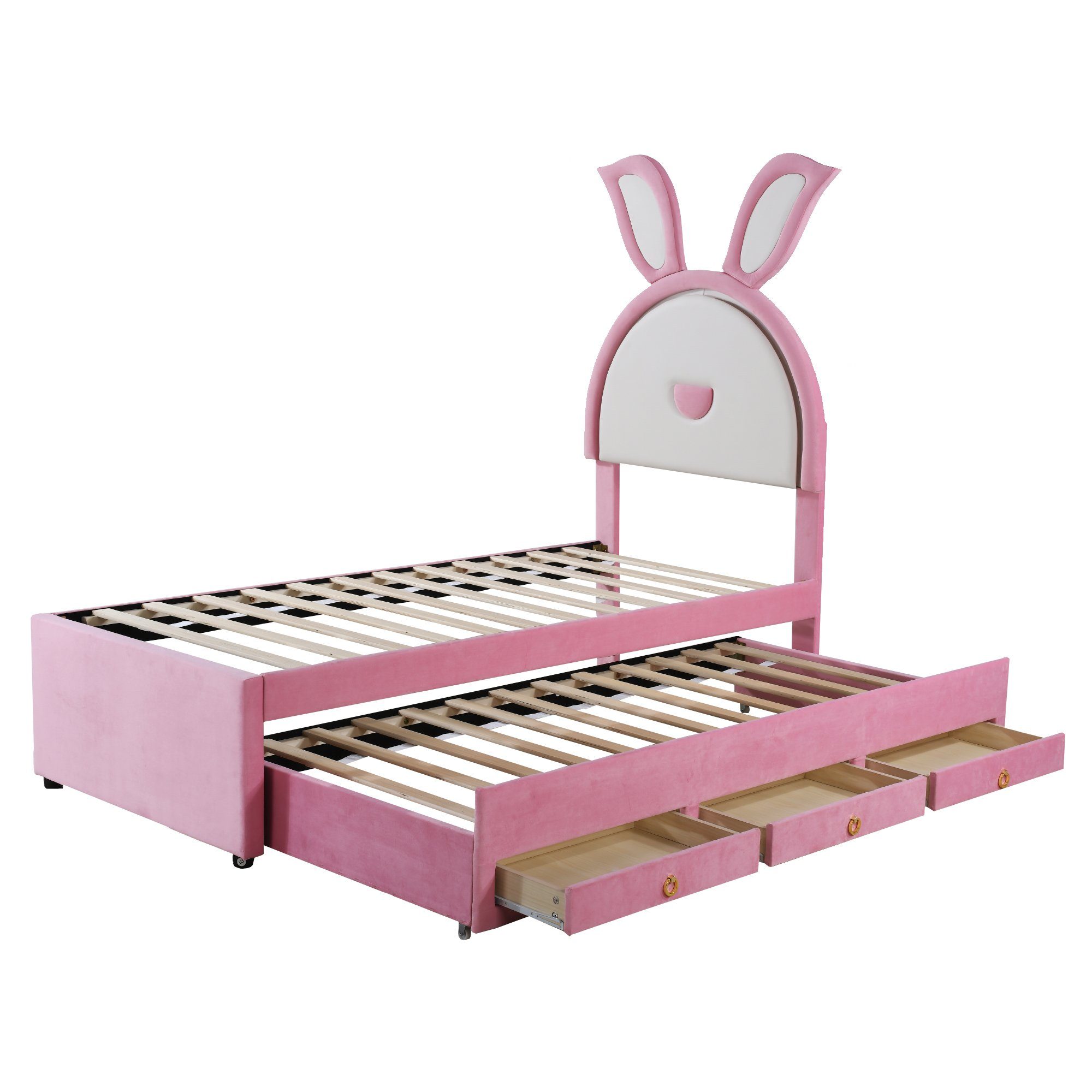 OKWISH Kinderbett Stauraumbett Gästebett Bett Polsterbett (Samtstoff Multifunktionales gepolstertes Einzelbett-Schlafsofa, mit ausziehbarem Bett, Stauraumschublade und farbwechselndem LED-Licht), ohne Matratze, 90 x 200 cm