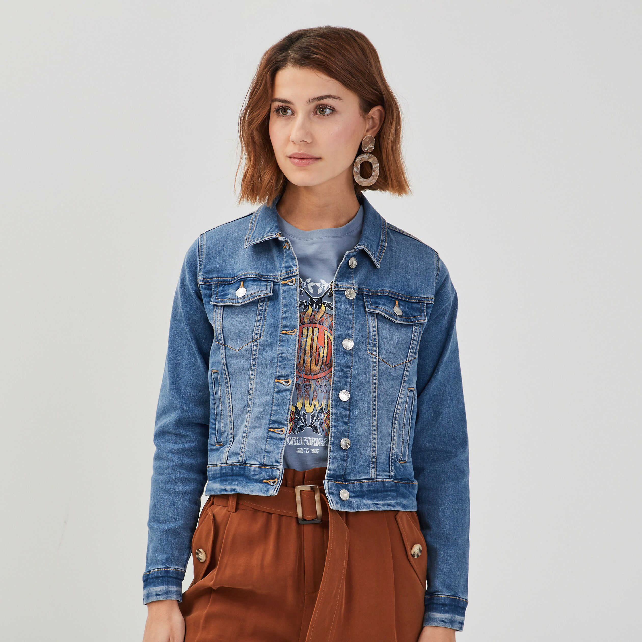 Veste droite en jean denim double stone femme | Cache Cache