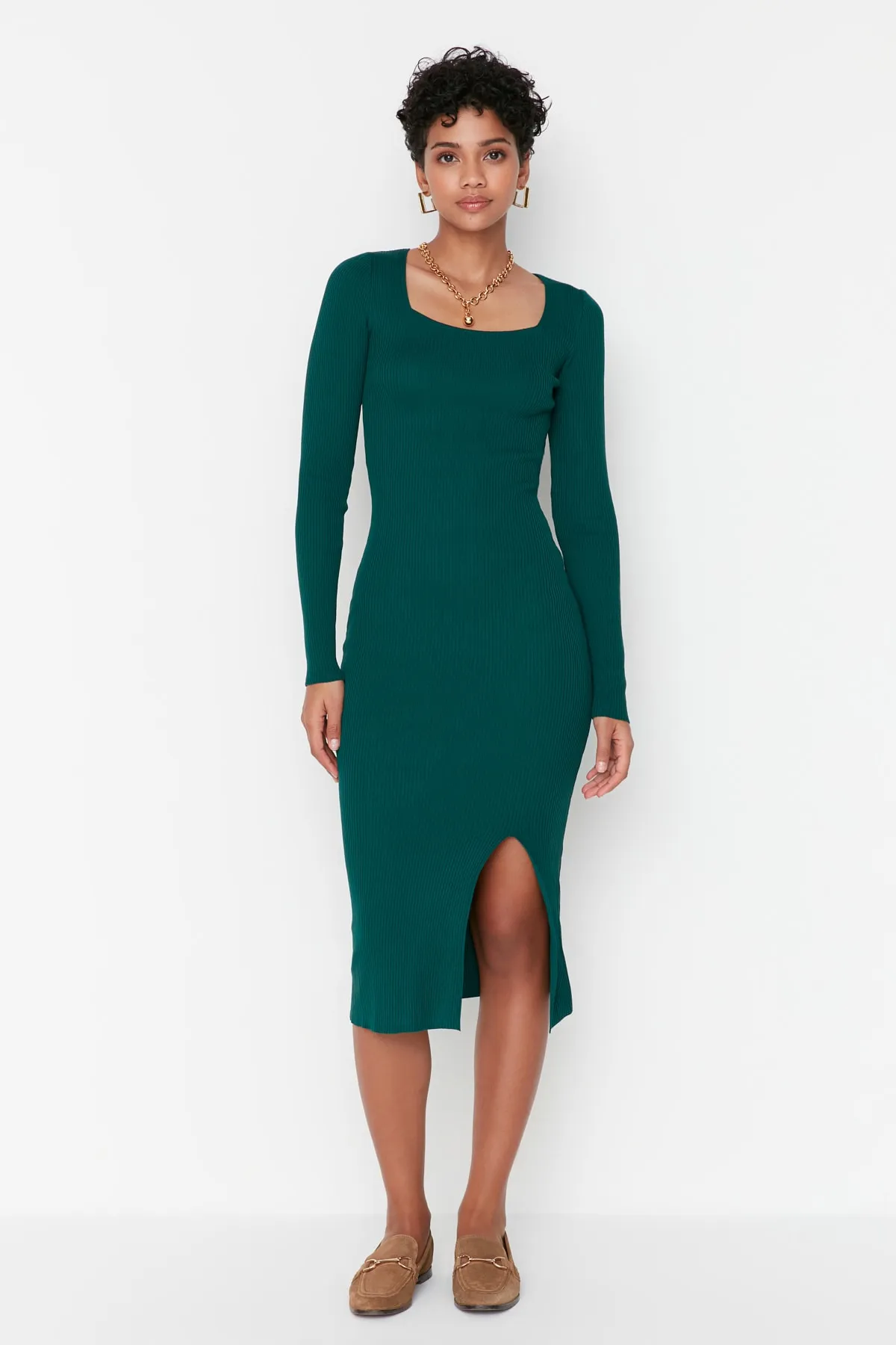 Trendyol Collection  Petrolfarbenes Strickkleid mit eckigem Ausschnitt und Schlitz TWOAW23EL00181