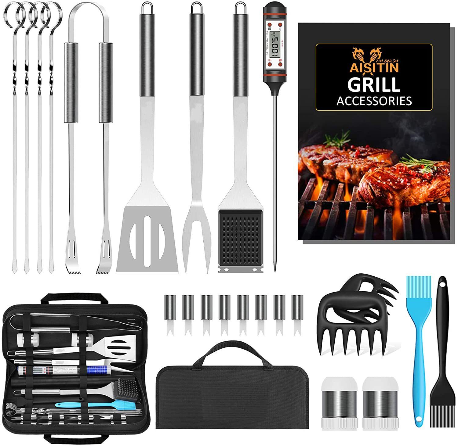 Kpaloft Grillbesteck-Set, (Set, 25 tlg), BBQ Tool Edelstahl Grillkoffer&Matte