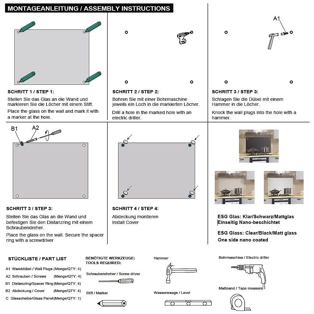 Melko Küchenrückwand Wandschutz Herdspritzschutz Glasrückwand aus Milchglas Fliesenspiegel 6mm Herdblende aus Glas Küche Herd Wand Rückwand Spüle, (Stück), ESG Sicherheitsglas
