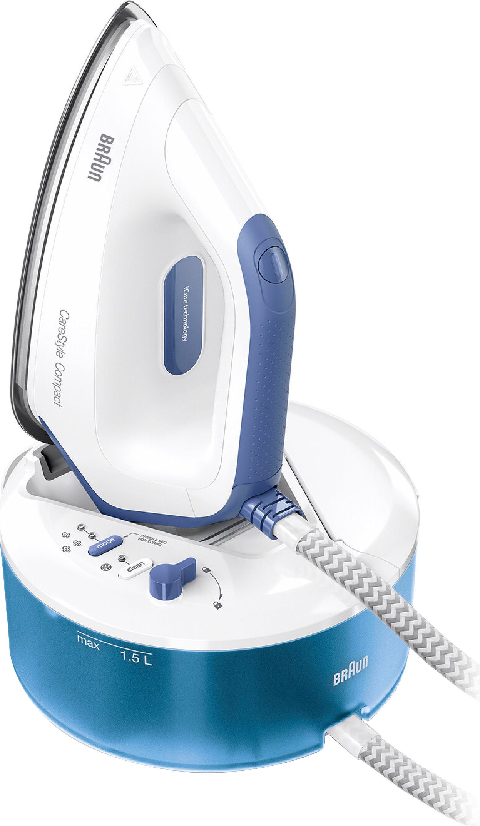 Braun Dampfbügelstation CareStyle Compact IS2143BL, 1500 ml Wassertank, blau, max. Dampfmenge 420g/min, Rückwärtsbügeln über Knöpfe