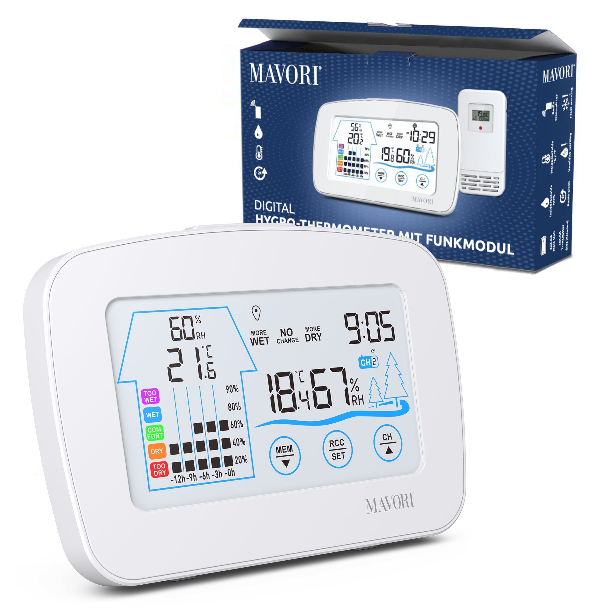 MAVORI Funk Hygro-Thermometer mit Außensensor – präzise und dekorativ Funkwetterstation (Funk Außensensor, Funkuhr)