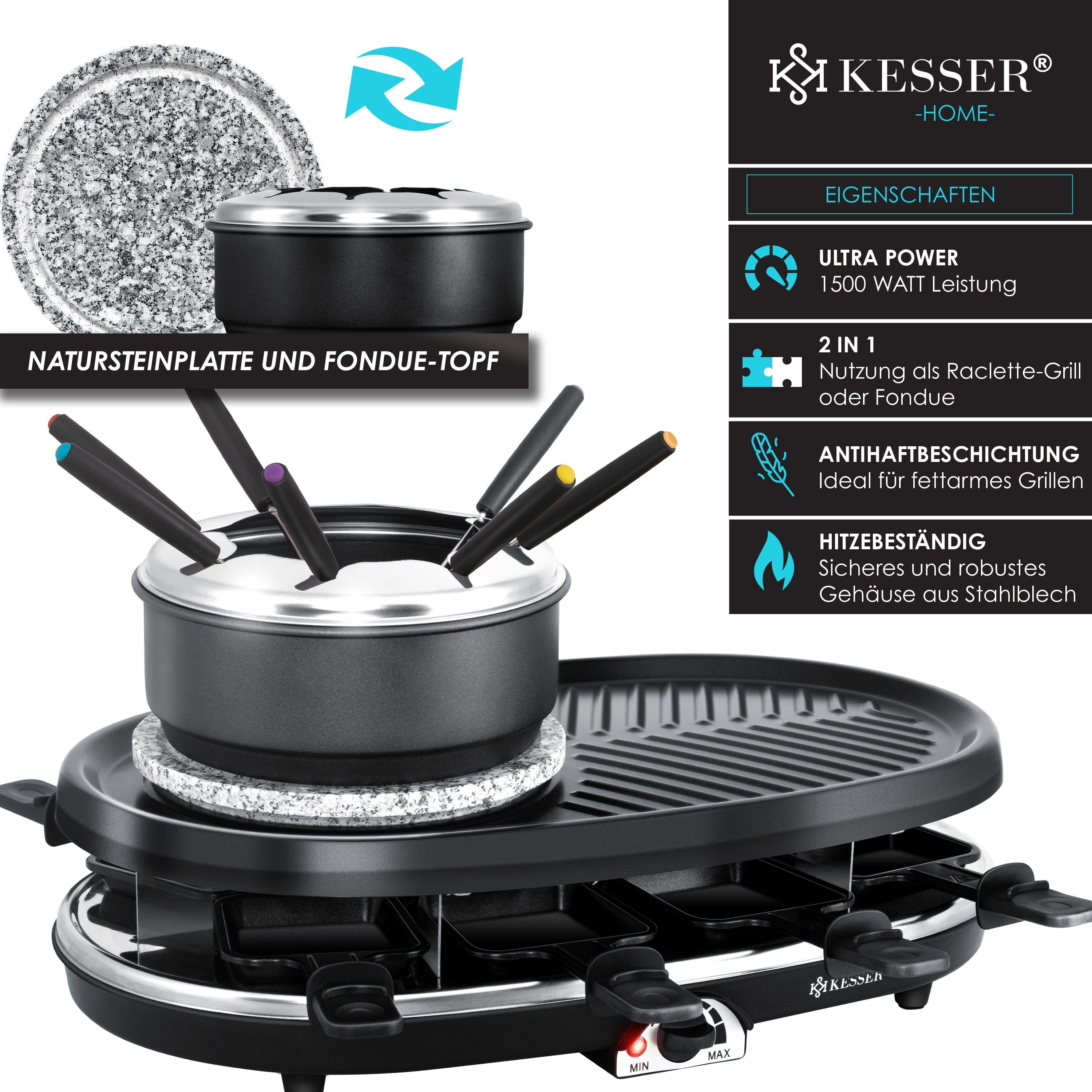 KESSER Raclette, 8 Raclettepfännchen, 1500 W, 3in1 Raclette-Grill mit Naturgrillstein, Grillplatte u. Fondue
