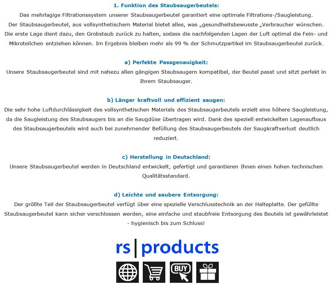 rs-products Staubsaugerbeutel, passend für SWIRL Y 05, Y 93, Y 101, Y 201, SWIRL Y05, Y93, Y101, Y201, MENALUX 4000, 5 St., wählen Sie zwischen 5 Stk., 10 Stk., 20 Stk., 30 Stk., 50 Stk. und 100 Stk. - ab 9,90 € - kostenloser Versand!