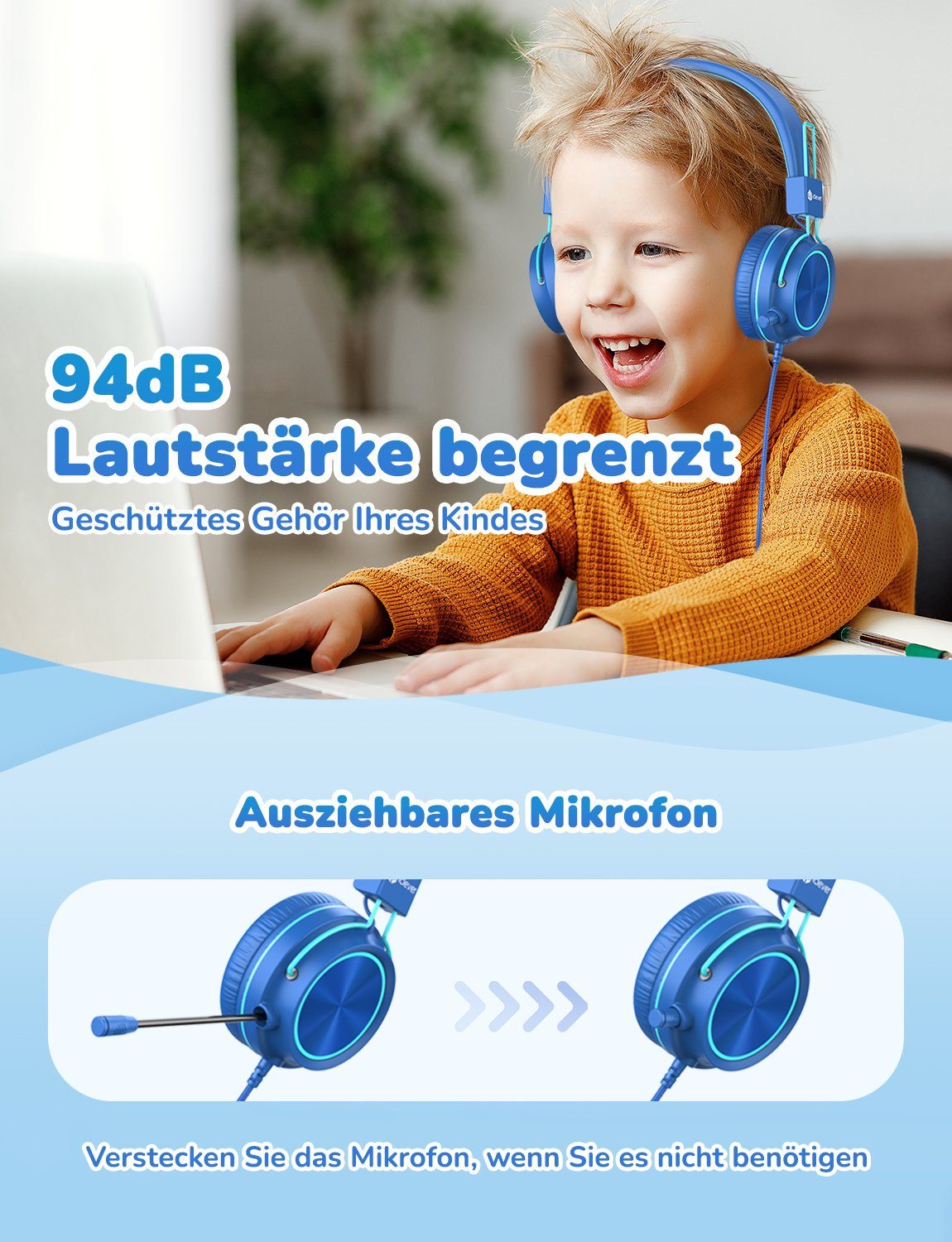 iclever IC-HS21 Bluetooth Kinder Kopfhörer 360° Drehbar mit 95dB Volume Limit On-Ear-Kopfhörer (Mit Mikrofon, Verdrahtet)