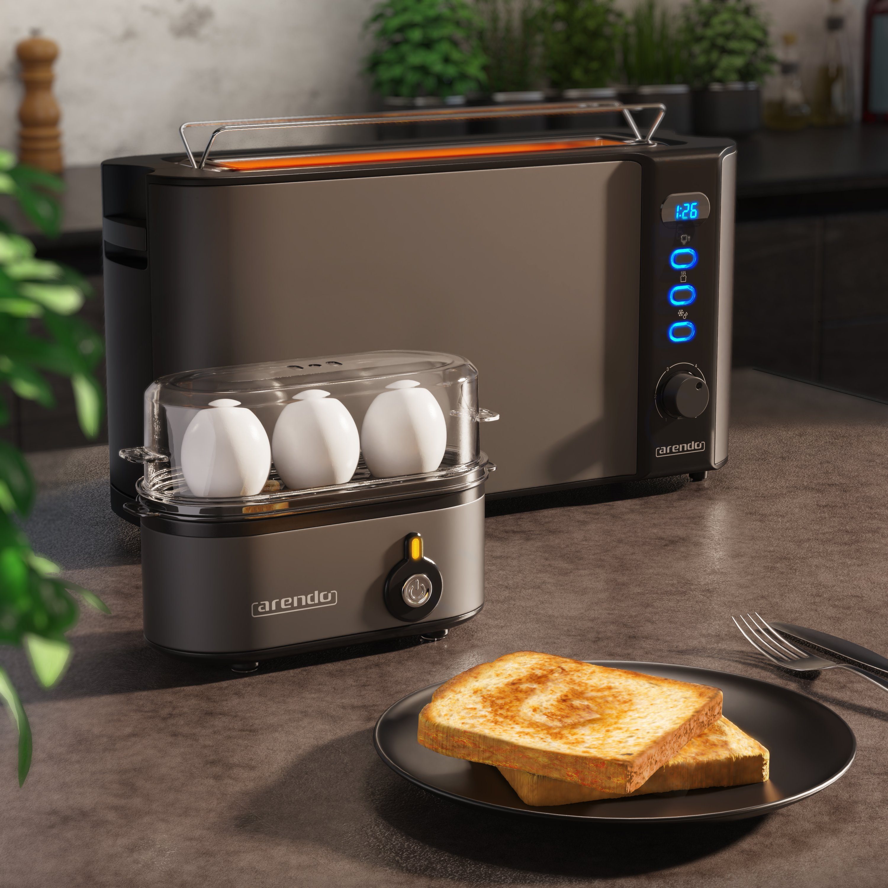 Arendo Frühstücks-Set (2-tlg), 2-Scheiben Langschlitz Toaster & 3-fach Eierkocher, Edelstahl, Grau
