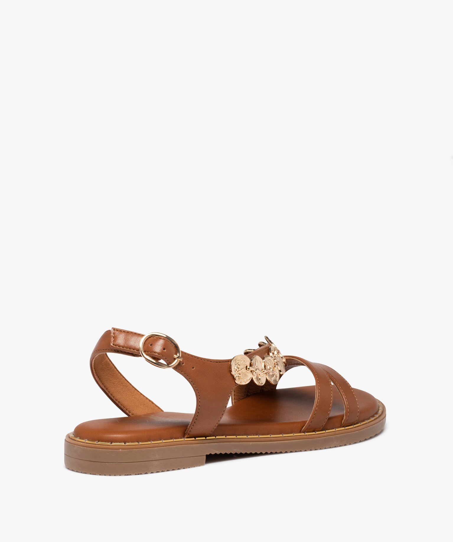 Sandales femme à talon plat avec bijoux métallisés marron | GEMO