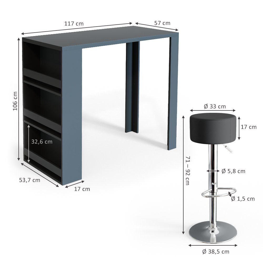 Vicco Bartisch Bartresen Stehtisch Bistrotisch Anthrazit inkl. Hocker