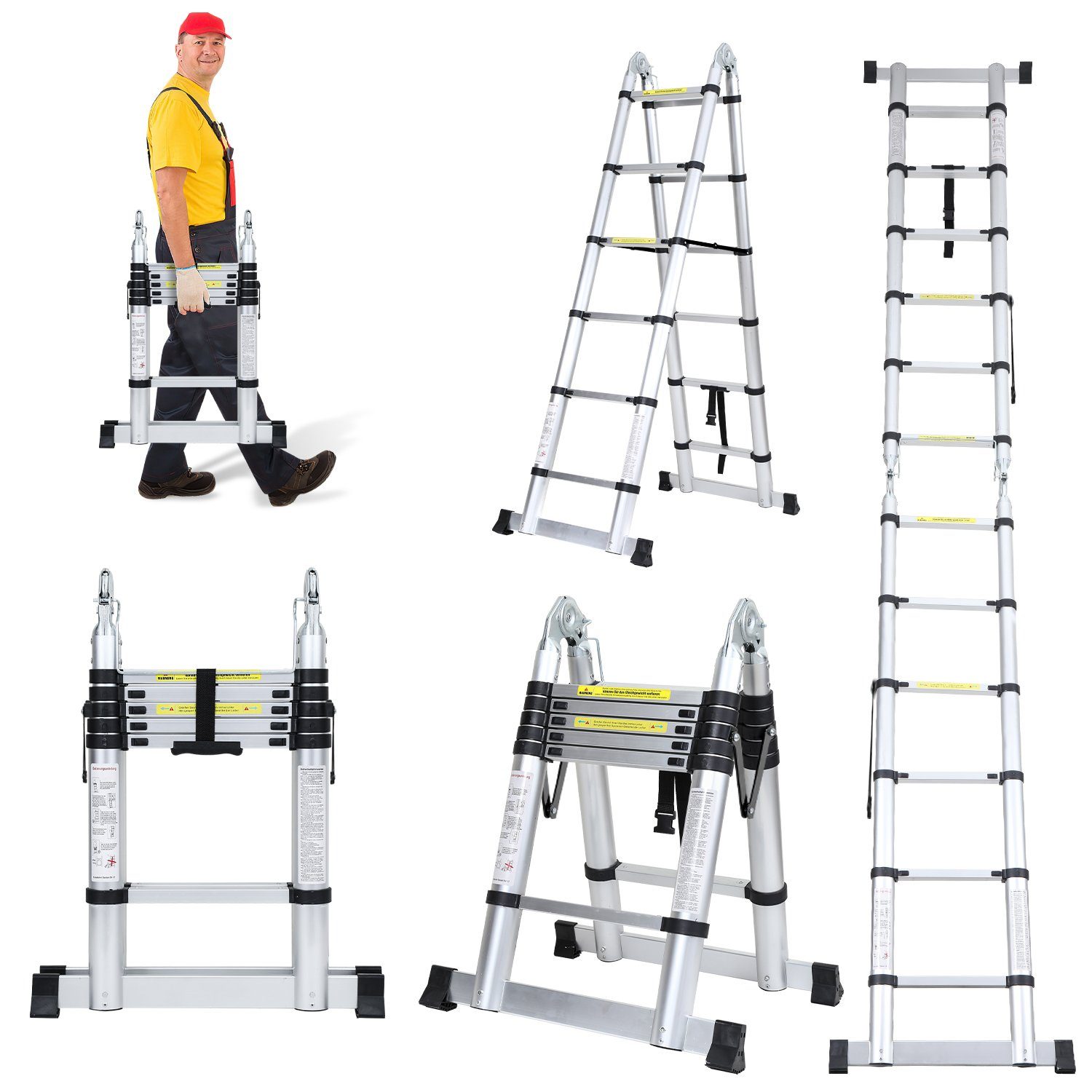 Lospitch Teleskopleiter Teleskopleiter Alu 1.9+1.9m mit Stabilisator Rädern Anlegeleiter