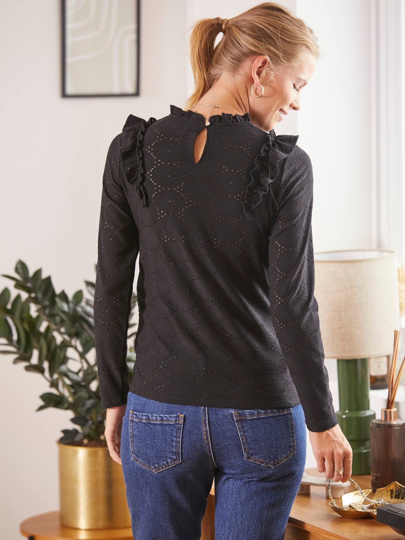 Vertbaudet Umstandsshirt mit Spitze und Volants - beige