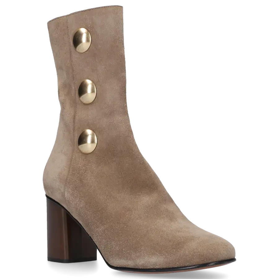 Chloé - Stiefeletten Kalbsleder Veloursleder Prägung Zierknopf olive - grau