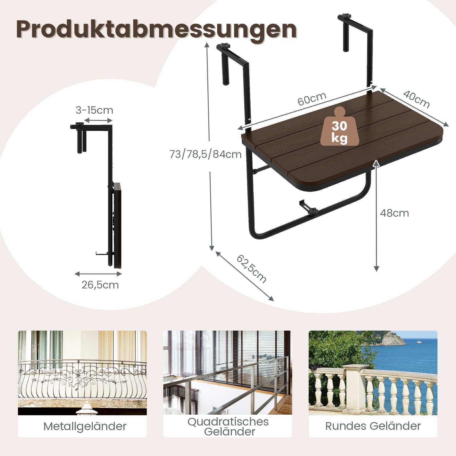 COSTWAY Balkonhängetisch Balkontisch, 3-stufig verstellbar