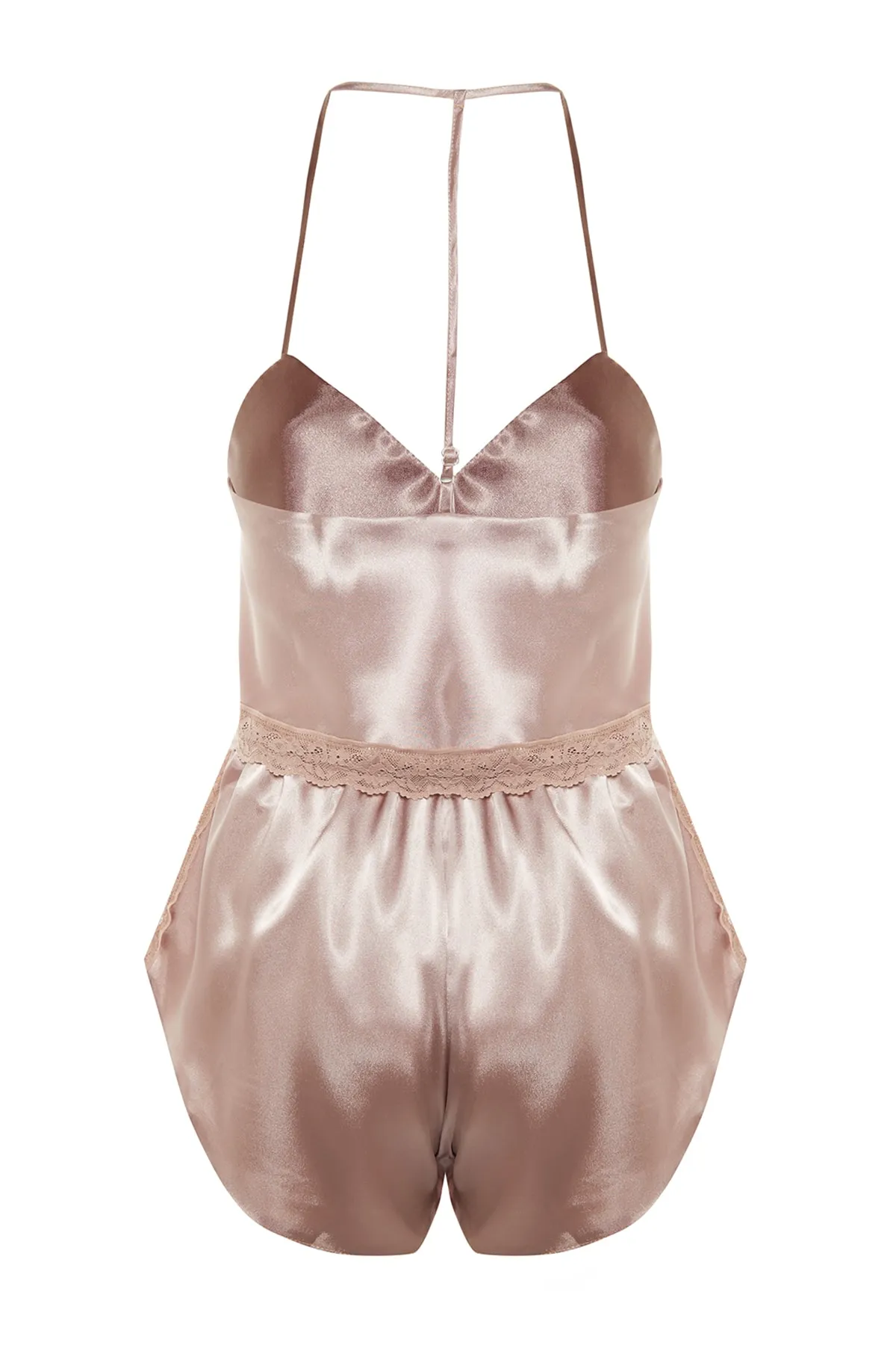 Trendyol Collection  Braunes Pyjama-Set aus Satin mit Spitzendetail und Seilriemen