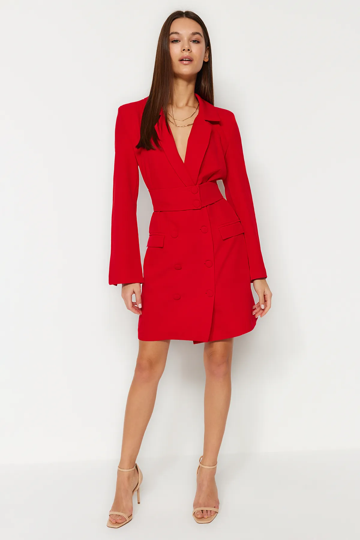 Trendyol Collection  Rote Jacke aus Webstoff mit Mini-Knopfdetail und Gürtel TWOAW24EL00497