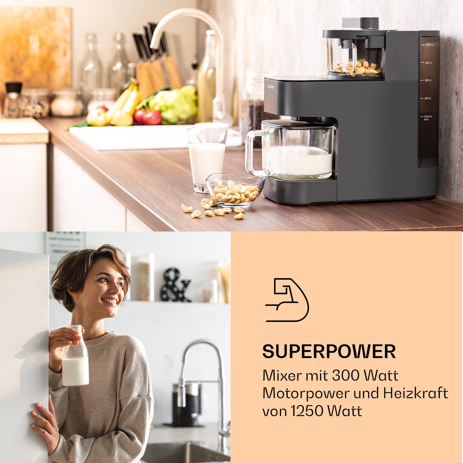 Klarstein Küchenmaschine mit Kochfunktion Marcia Nussmilchbereiter, 1250 W, Stand Mixer Küchenmaschine Milkshake Mixer Küchen