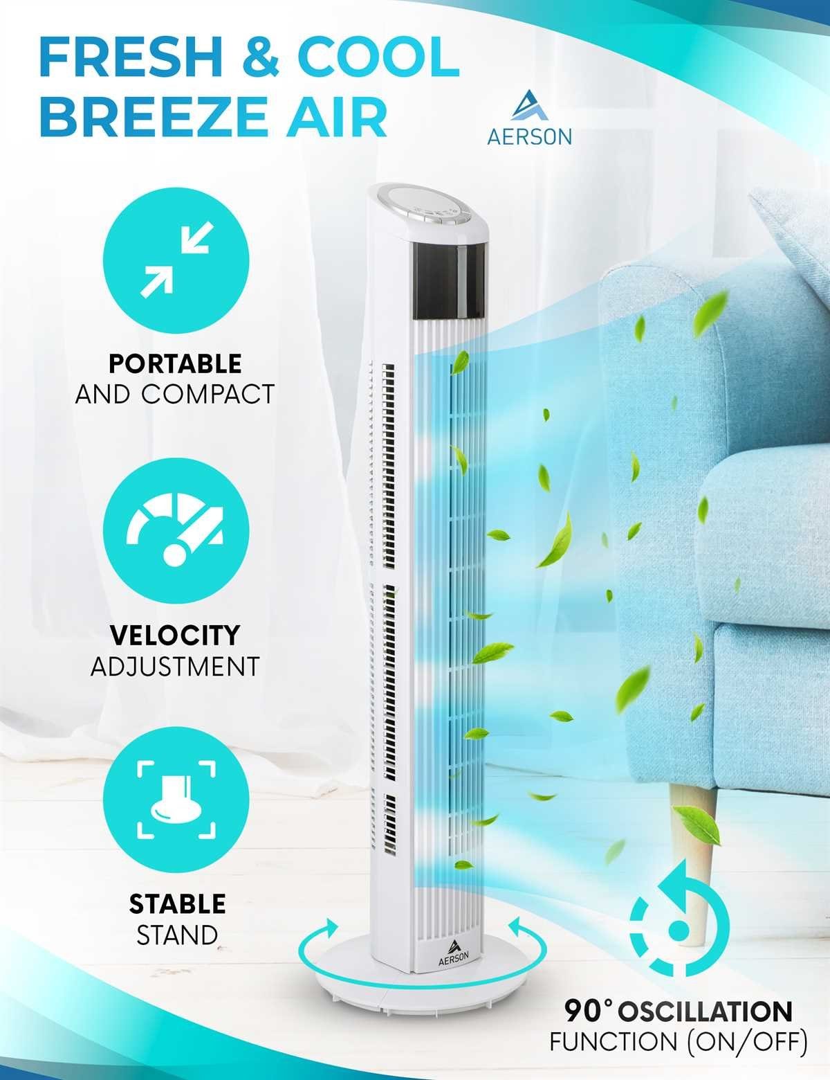 AERSON Turmventilator Ventilator mit Fernbedienung & Timer 90 cm Tower Fan, 3 Stufen, LED Display Raumtemperaturanzeige 45 W