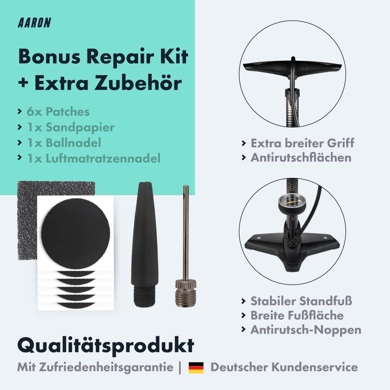 AARON Luftpumpe Sport One in Grau Fahrrad-Stand-Pumpe für alle Ventile mit Manometer