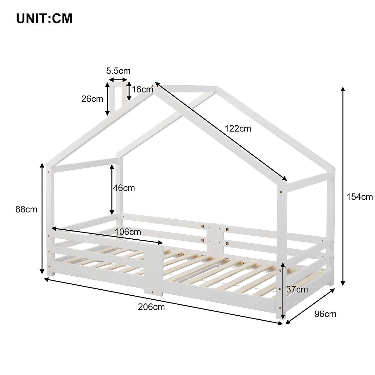 Hausbett 90x200 cm mit Rausfallschutz und Schornstein