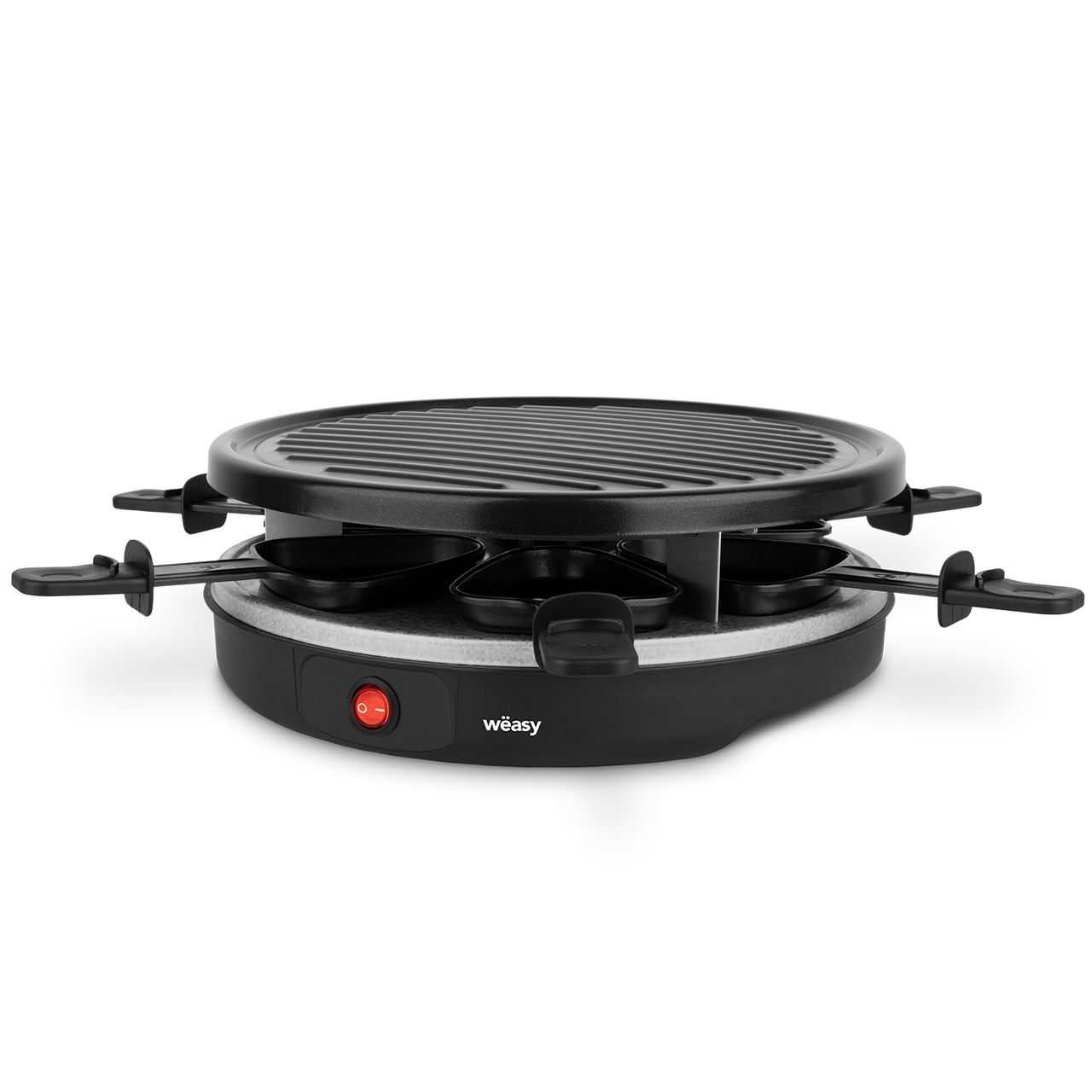 Weasy Wëasy Raclette Gerät und Grill LUGA40, 6 Personen, Antihaftbeschictung, 900 W, rund Edelstahl, schwarz