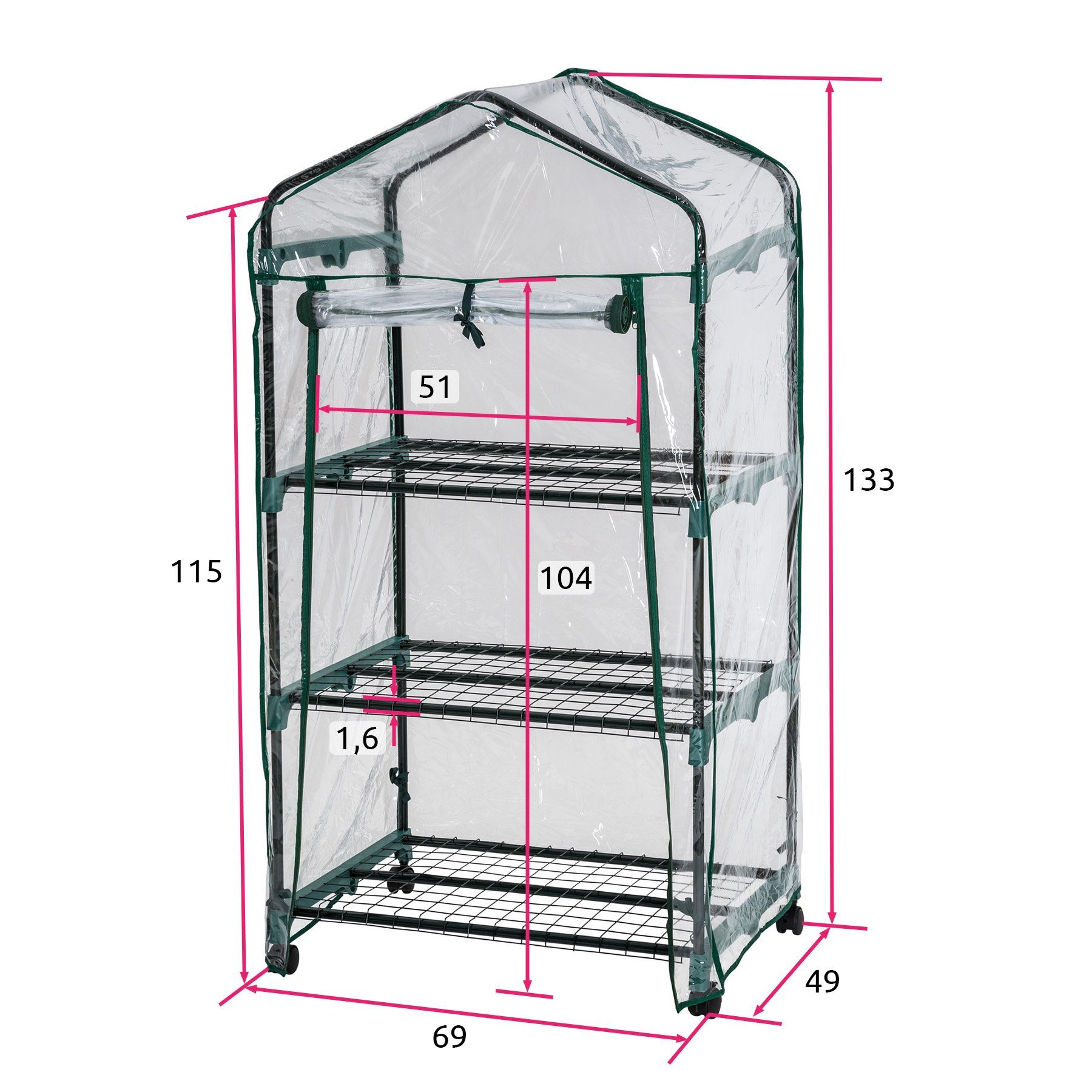 tectake Gewächshaus Mobiles Foliengewächshaus mit 3 Ablagen, 0,40 mm Wandstärke