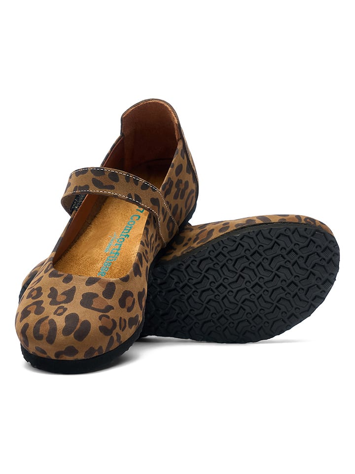Comfortfusse Leder-Spangenballerinas in Hellbraun/ Schwarz günstig kaufen