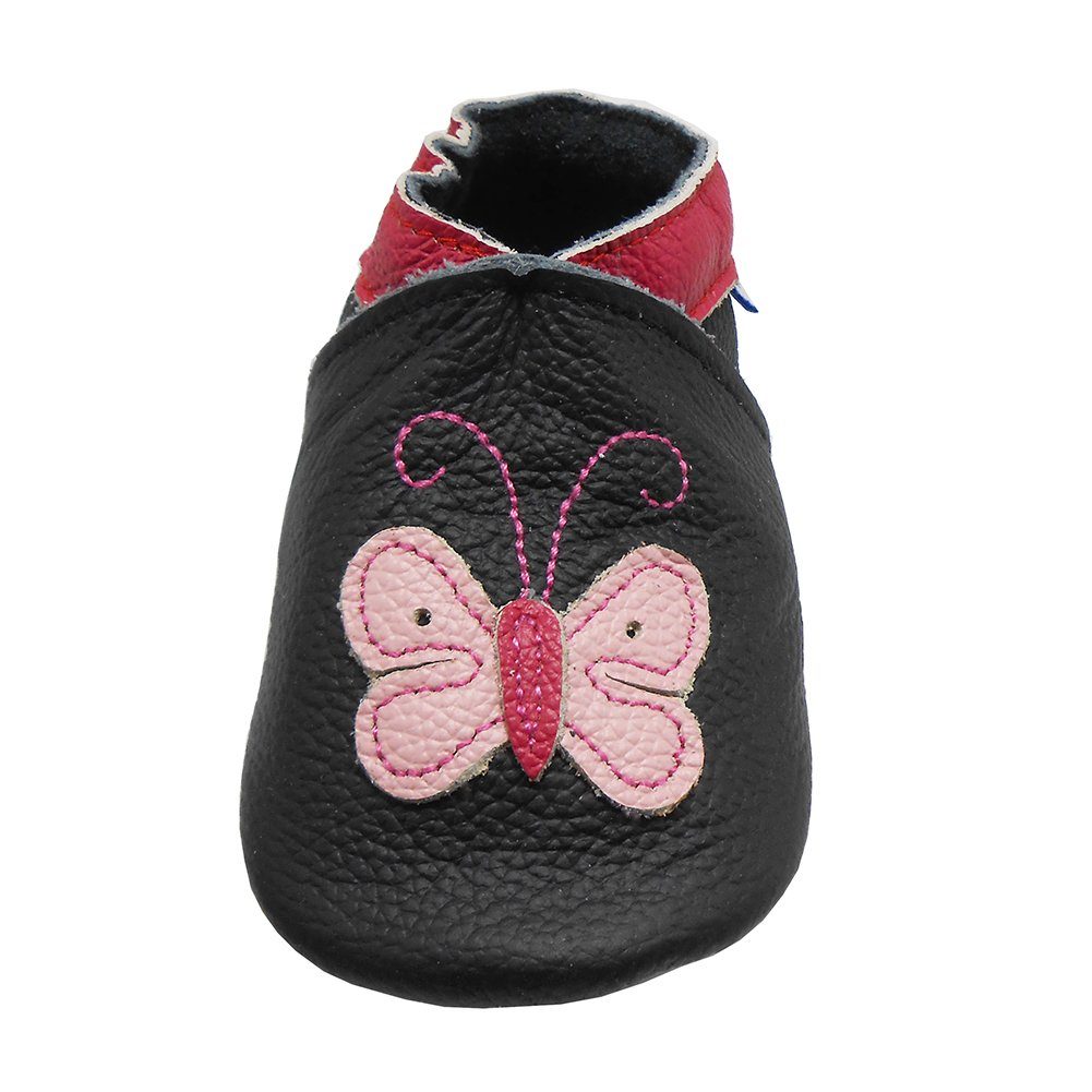 Yalion Weiche Leder Lauflernschuhe Hausschuhe Lederpuschen Schwarz Krabbelschuh