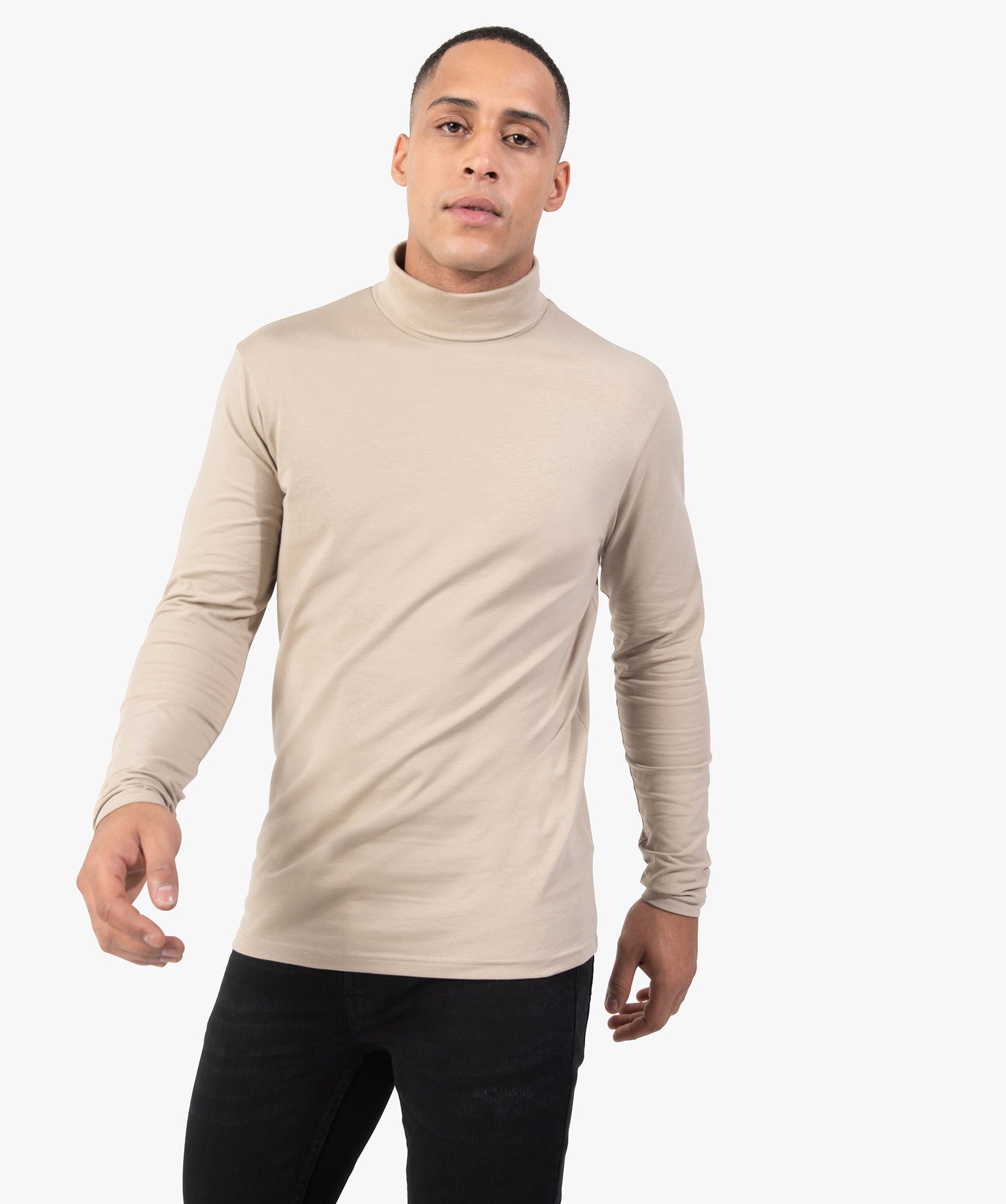 Tee-shirt homme à large col roulé coupe slim beige | GEMO